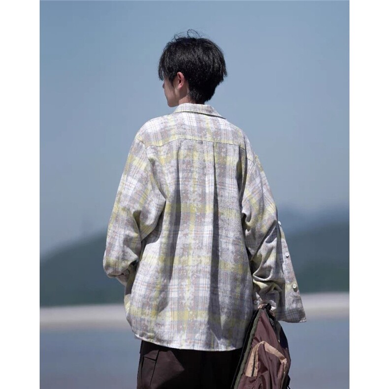 美式复古做旧扎染长袖衬衫男女春秋款高级感cleanfit情侣衬衣外套,男装衬衫,星座1210-1