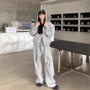 外套女款2025春秋款经典灰色开衫连帽卫衣宽松休闲针织运动衫图片
