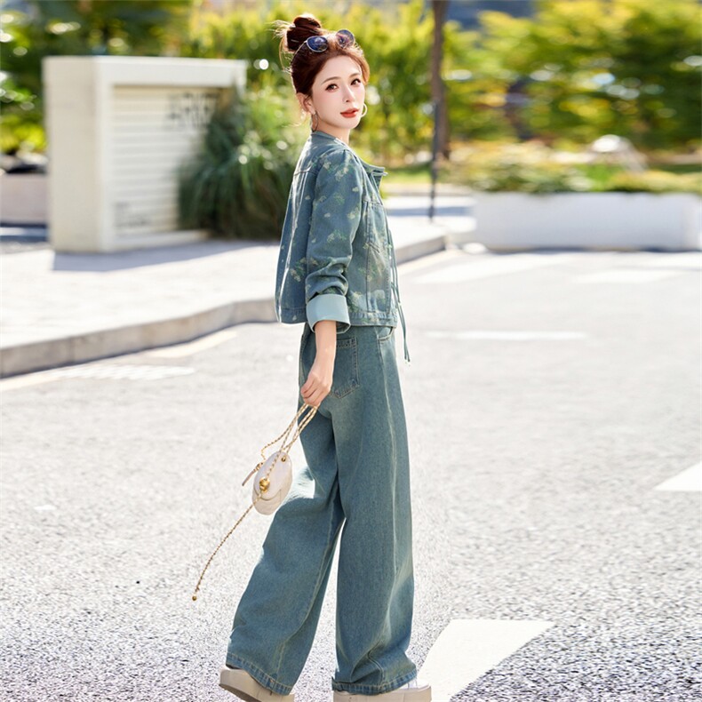 新中式国风印花牛仔时尚套装女2025春季新款复古盘扣气质两件套潮,女装套装/套裙,欣品汇