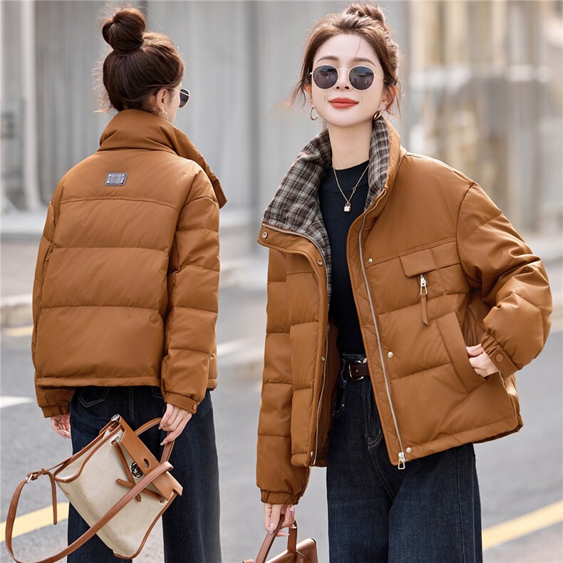 现货！PU皮羽绒服皮格子领防风保暖白鸭绒小个子皮外套图片