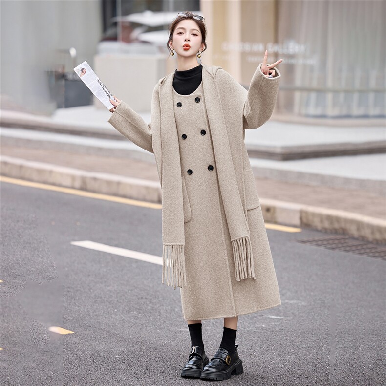 双面羊毛大衣女2025春秋气质围巾连帽小香风时尚毛呢外套两件套潮,女装双面呢大衣,琦鑫阁（原依鑫阁）