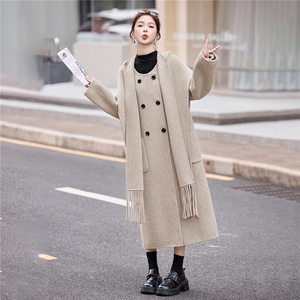 双面羊毛大衣女2025春秋气质围巾连帽小香风时尚毛呢外套两件套潮图片