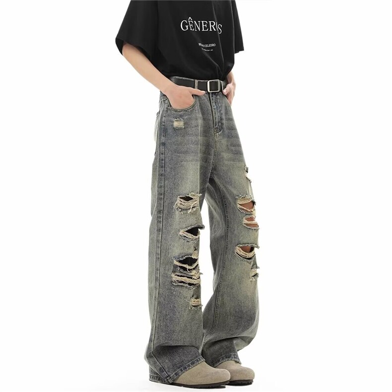 美式复古小众破洞牛仔裤高街设计感潮情侣直筒裤KZ39118--TP40，男装牛仔裤，电商A247C