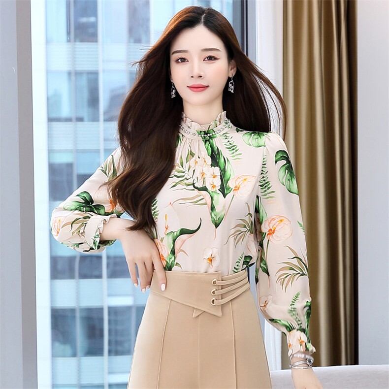 2022年秋季优雅气质复古印花衬衫,女装衬衫,卡杰菲
