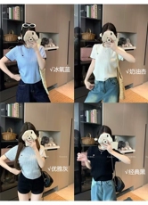 刺绣小爱心针织短袖，女装T恤，沐策羊绒