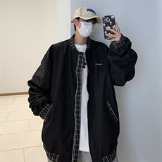 格子拼接潮牌棒球服女春秋季港风宽松立领嘻哈夹克情侣外套HY833，男装夹克，星座1116A-1（原606A）