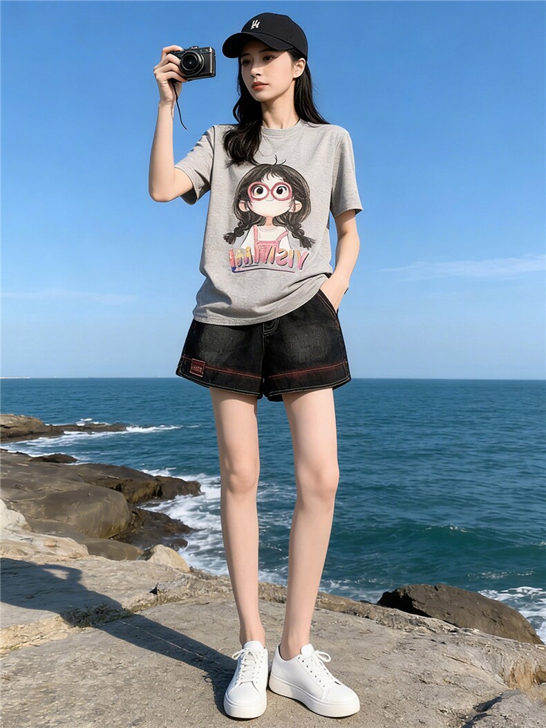 学院风网红运动套装女夏新款圆领卡通印花短袖阔腿牛仔短裤两件套,女装套装/套裙,江南