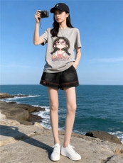 学院风网红运动套装女夏新款圆领卡通印花短袖阔腿牛仔短裤两件套，女装套装/套裙，江南