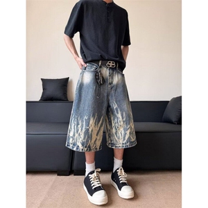 NZ0313-P48美式高街闪电纹扎染牛仔七分短裤男新款夏季休闲阔腿图片