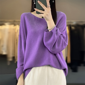 慵懒风V领落肩长袖针织衫女秋冬款时尚羊毛宽松显示气质套头上衣图片