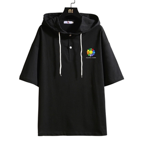 LD54101-P45 连帽短袖t恤男大码胖子带帽五分袖中袖 砖墙挂拍图片
