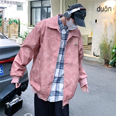 2025秋冬装做旧面料金属别针PU皮衣夹克外套PY777/特P60粉色，男装夹克，电商A094