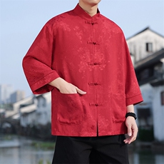 2025夏季风立领提花七分袖衬衫宽松大码上衣CS2502-P7088，男装衬衫，电商A008