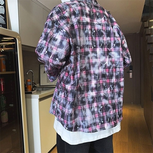 现货 早秋美式高街做旧紫格子长袖衬衫扎染衬衣外套男 P50-控78图片