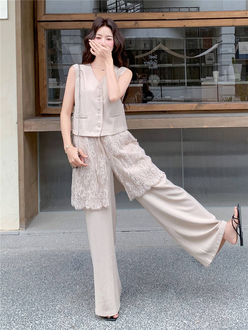 韩系松弛感蕾丝拼接马甲套装女2026夏季新款休闲阔腿裤两件套,女装套装/套裙,流量+