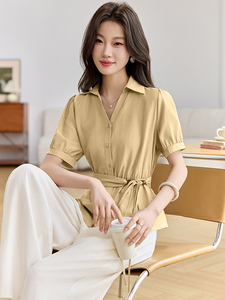 2026年女夏季新款时尚休闲收腰衬衫阔腿裤两件套图片