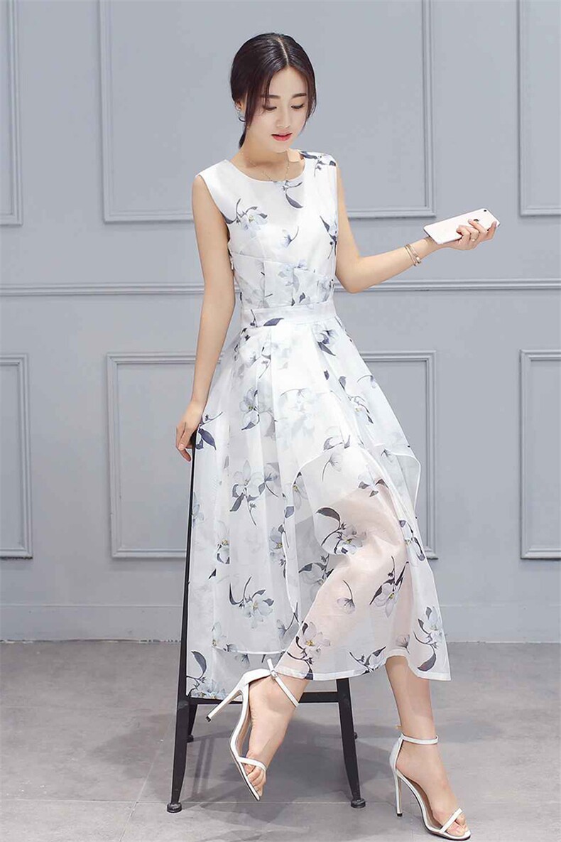 无袖花纹时尚圆领夏季中腰松紧腰雪纺大摆裙2024年夏季淑女,女装连衣裙,火爆靓佳人