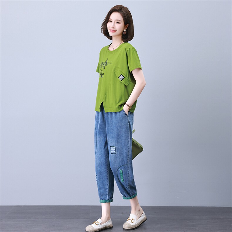 夏季休闲套装女2023年新款中年妈妈时尚洋气短袖宽松牛仔裤两件套,女装套装/套裙,叶笙衣