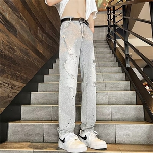 直筒破洞牛仔裤男女秋季烫钻显瘦设计感小众拖地长裤RK2146-P45图片