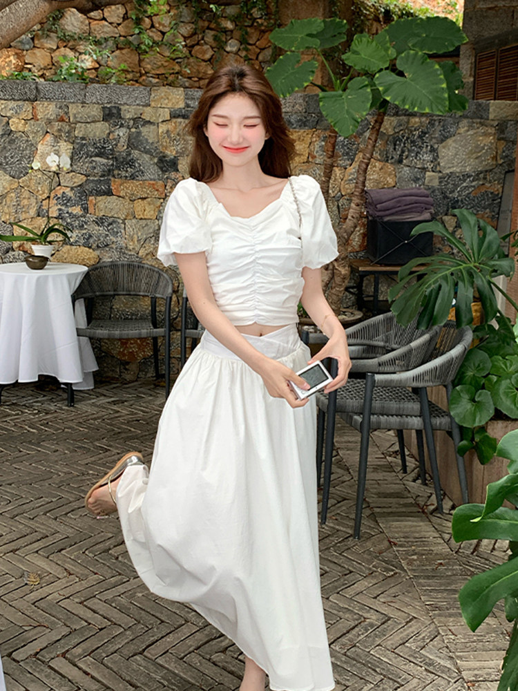 白色时尚甜美压褶设计上衣套装裙女2025夏季新款优雅半身裙两件套,女装套装/套裙,浙宝220