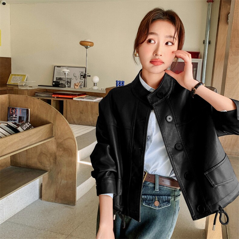 大量现货2024春季女装机车时尚立领短款皮衣浙宝013,女装皮衣,莘蕾