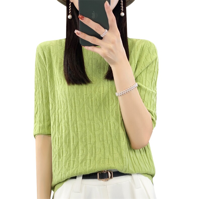 春夏薄款半高领五分袖针织衫女新款提花宽松中袖毛衣短袖打底T恤,针织衫/毛衣,大美人包芯纱店