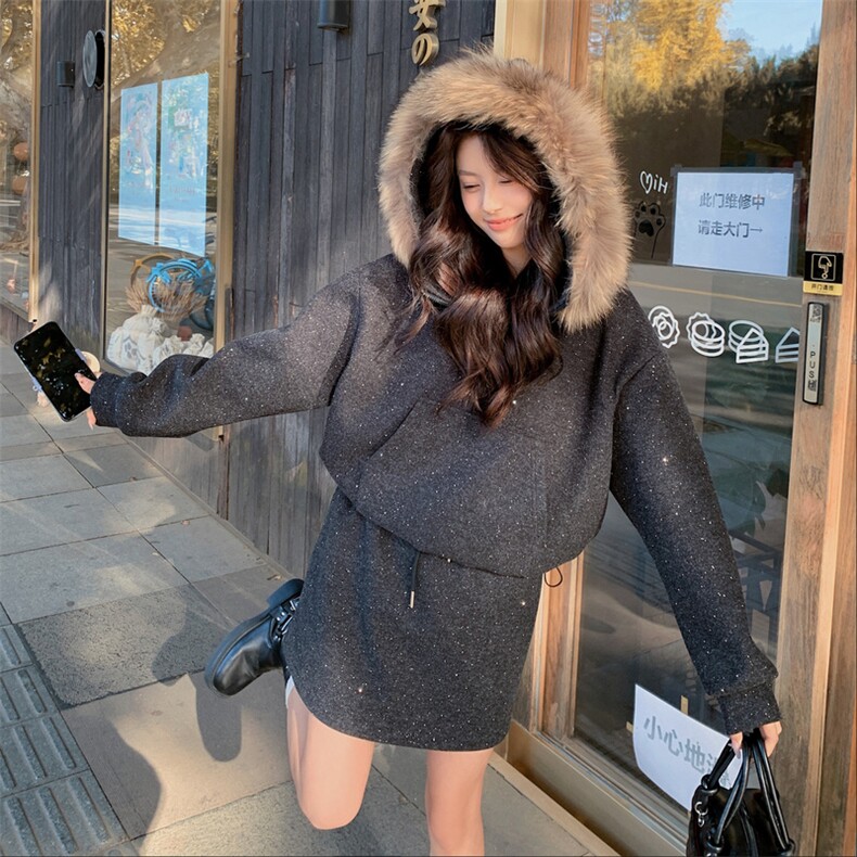 现货：冬装新款连帽时尚加厚毛呢半身裙两件套2C135-8966P225K338,女装毛呢外套,2C135