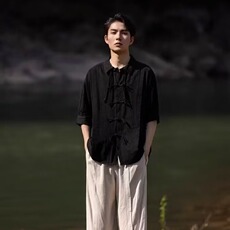 新中式男装潮复古衬衫2025夏季新款短袖垂感高级衬衣外套，男装T恤，星座506A