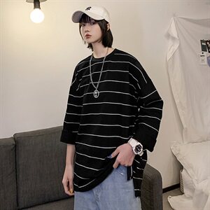【】A003-T717-P40 夏季新款条纹七分袖T恤 女模2图片