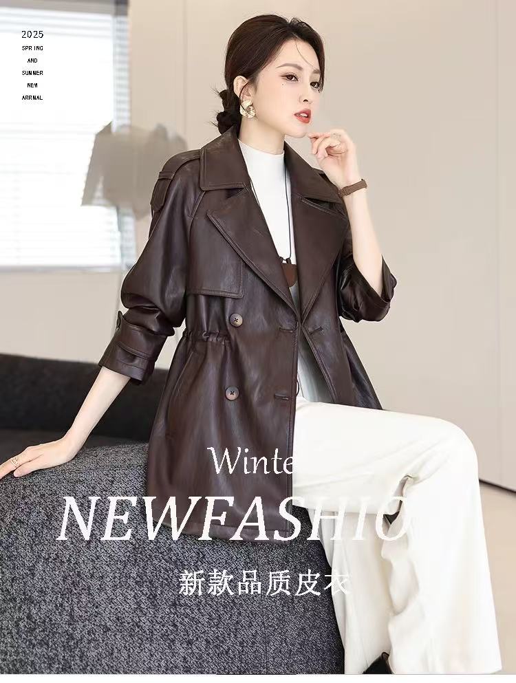 女中长款系带收腰皮风衣2025秋冬新款宽松显瘦皮夹克外套,女装短外套,泰合衣坊