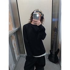 抖音得物品质26春装美式高街宽松曼巴棉螺纹拼接卫衣圆领长袖T恤，男装T恤，电商A443