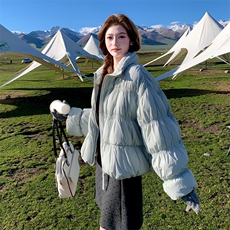baby蓝短款羽绒服女冬季加厚加绒新款小个子重工抽褶白鸭绒外套，女装羽绒服，2C120