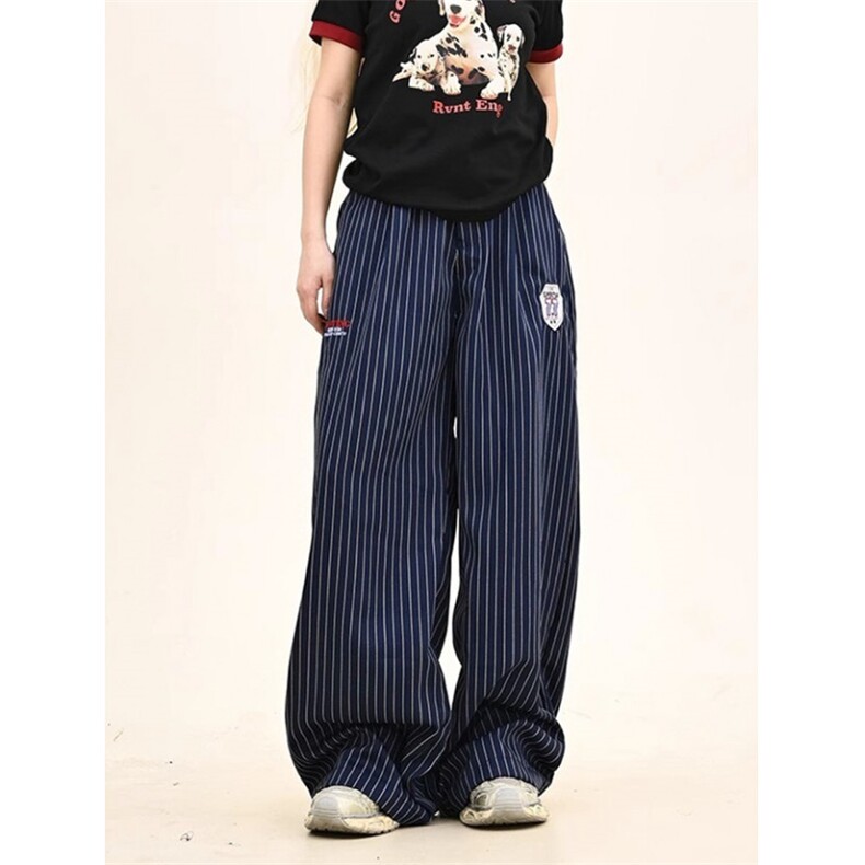 WE1707-P48徽章条纹休闲裤女春季新款宽松bf美式街头，男装休闲裤，电商B323A