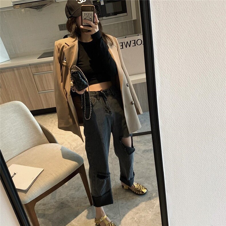 破洞牛仔裤，女装牛仔裤，XTZ style