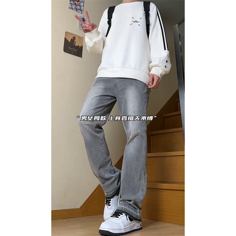 美式hiphop烟灰色毛边修身直筒显瘦牛仔裤痞帅高街,男装牛仔裤,星座310A-4