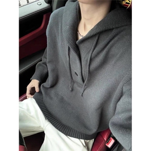 秋冬男士毛衣宽松连帽套头纯色毛线衣青年针织衫高级感LM333-P58图片