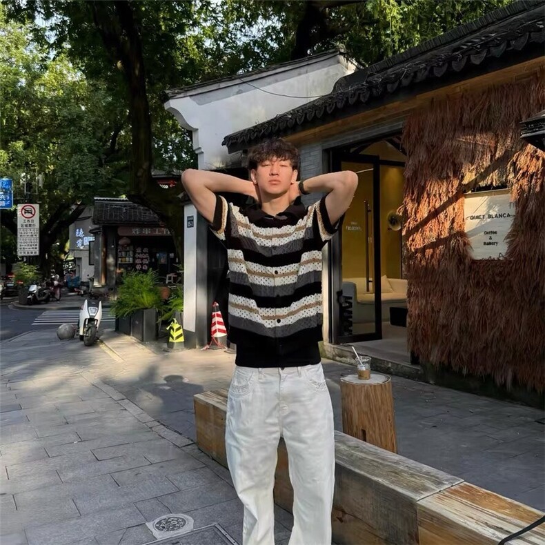 套头2025新款镂空条纹Polo针织短袖开衫男夏季新贵老钱风正肩上衣,男装针织衫/毛衣,星座1210-1