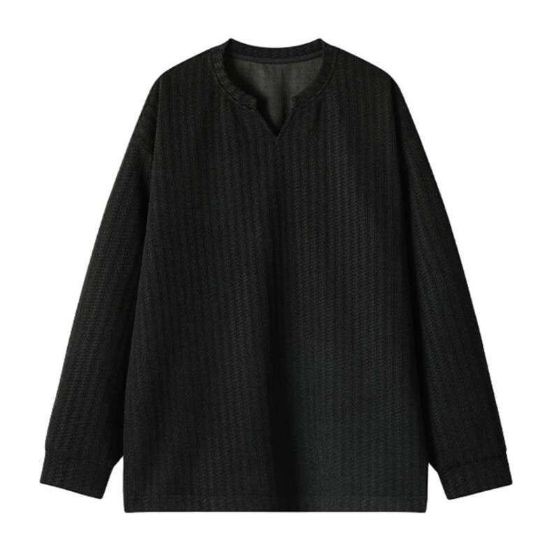 美式高街千鸟格子长袖T恤男女亨利V领英伦雅痞休闲宽松长袖打底衫，男装T恤，电商A443