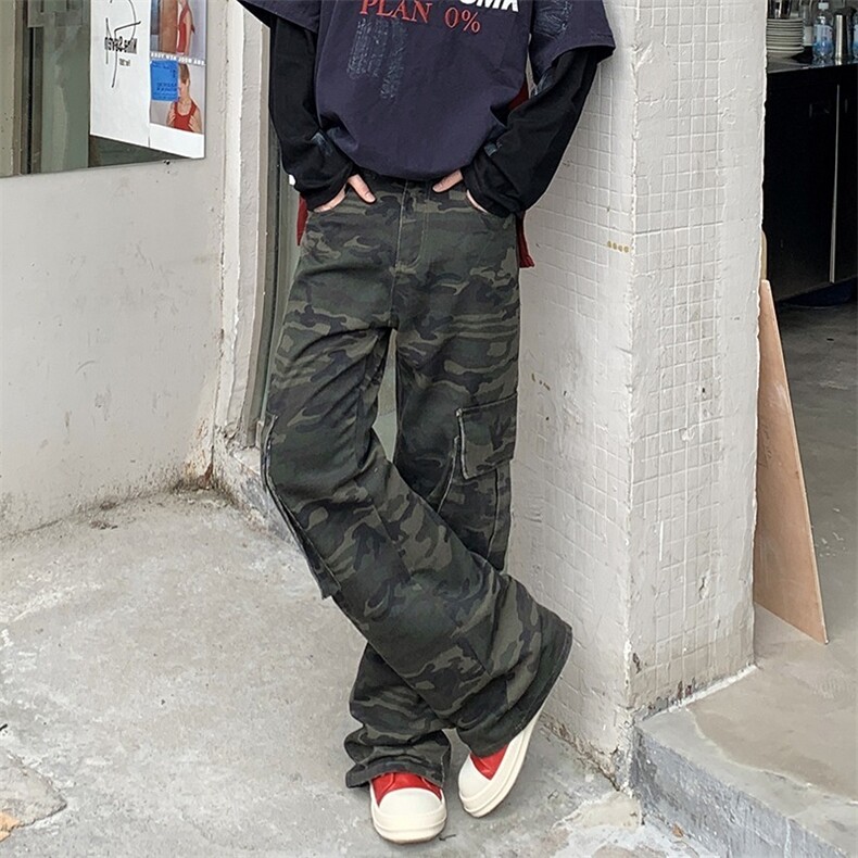 美式大口袋迷彩工装牛仔裤男款设计感高街vibe裤子宽松直筒阔腿裤图片