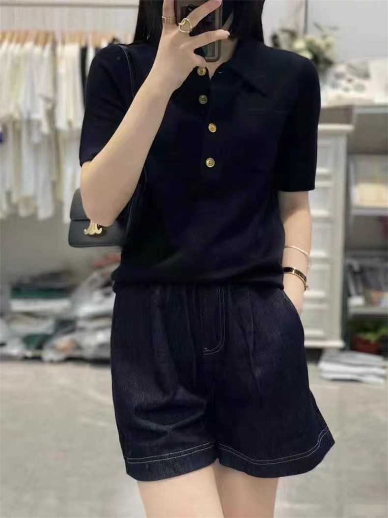 时髦洋气Polo领羊毛针织短袖女欧洲站宽松显瘦半袖衬衫翻领T恤衫,针织衫/毛衣,千御纺羊绒