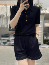 时髦洋气Polo领羊毛针织短袖女欧洲站宽松显瘦半袖衬衫翻领T恤衫，女装针织衫/毛衣，千御纺羊绒