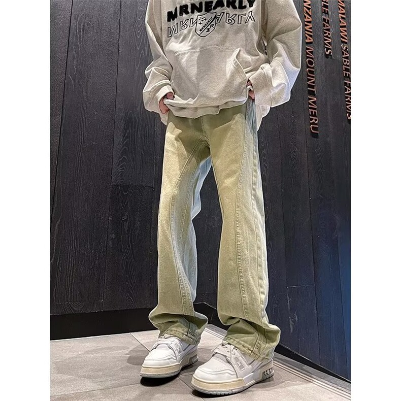 美式复古做旧直筒水洗分割拼接牛仔裤男 WH68 P48图片