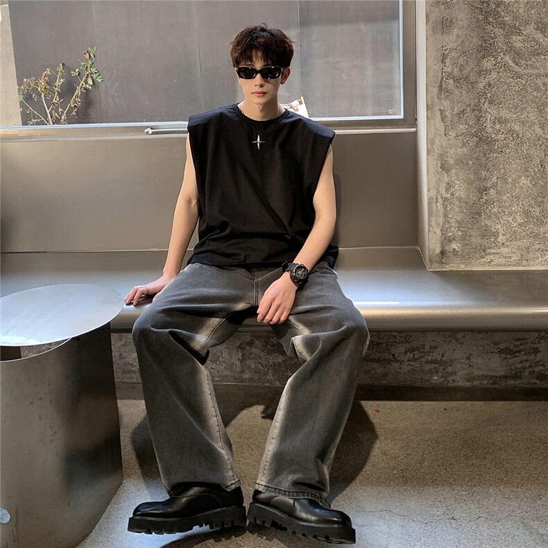 1美式港风垫肩四角星设计背心大码M-5XL休闲背心男BX8764P25控39图片