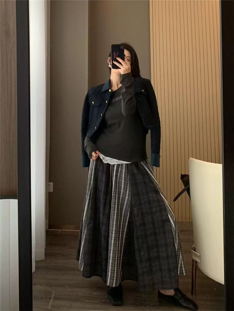 韩系小众复古拼接撞色格纹流浪风高腰长款半身裙,女装半身裙,湘姗
