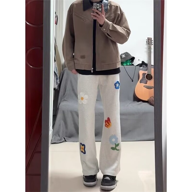 WK02-P39微喇卫裤春夏季美式花卉刺绣休闲重磅垂感裤子百搭,男装休闲裤,电商B323A