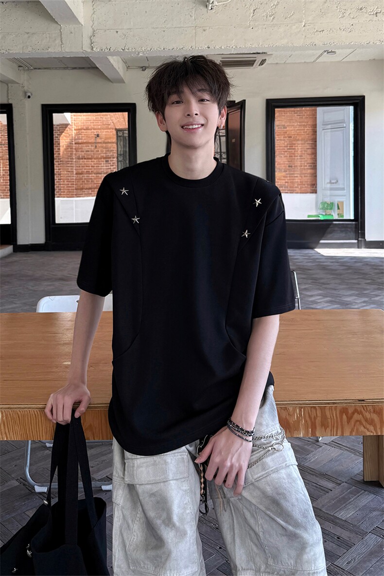 星星铆钉拉链休闲短袖T恤口袋cleanfit短袖T恤上衣短袖T恤P42,男装T恤,电商B319