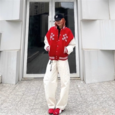 网图红色棒球服女珍珠钉珠重磅外套vintage夹克，男装夹克，星座410-7
