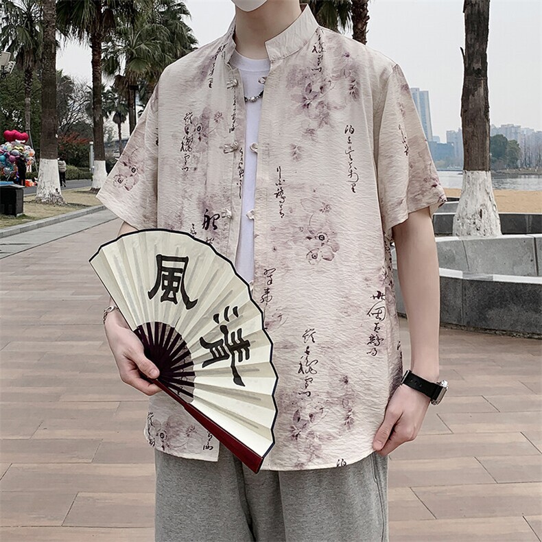 盘扣短袖衬衫男士夏季复古唐装新中式风衬衣7011P40图片