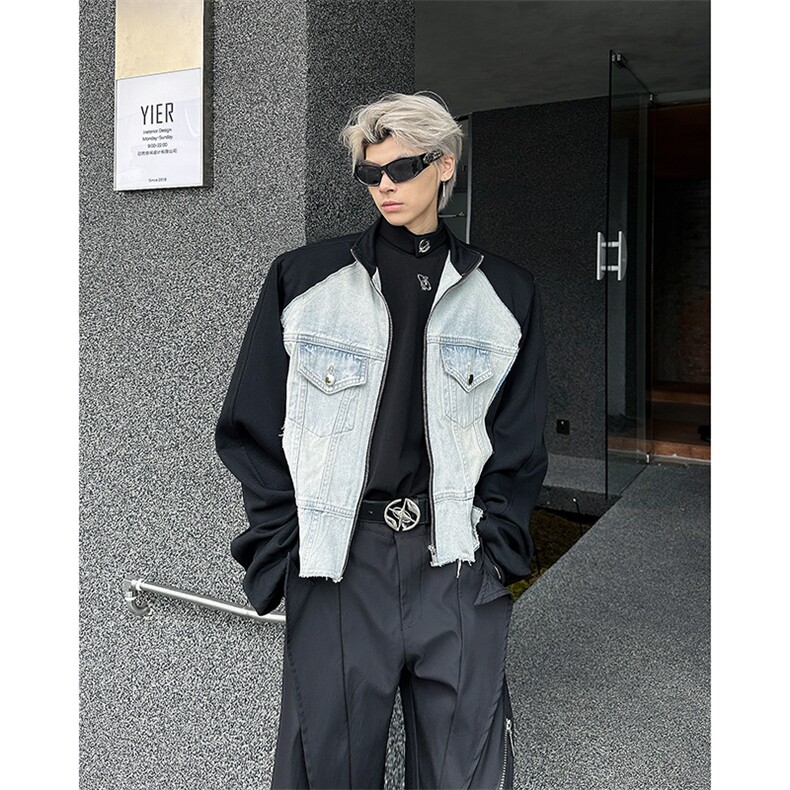 现货！25超短款牛仔拼接垫肩西服撞色夹克外套JK82-P138,男装夹克,电商B288