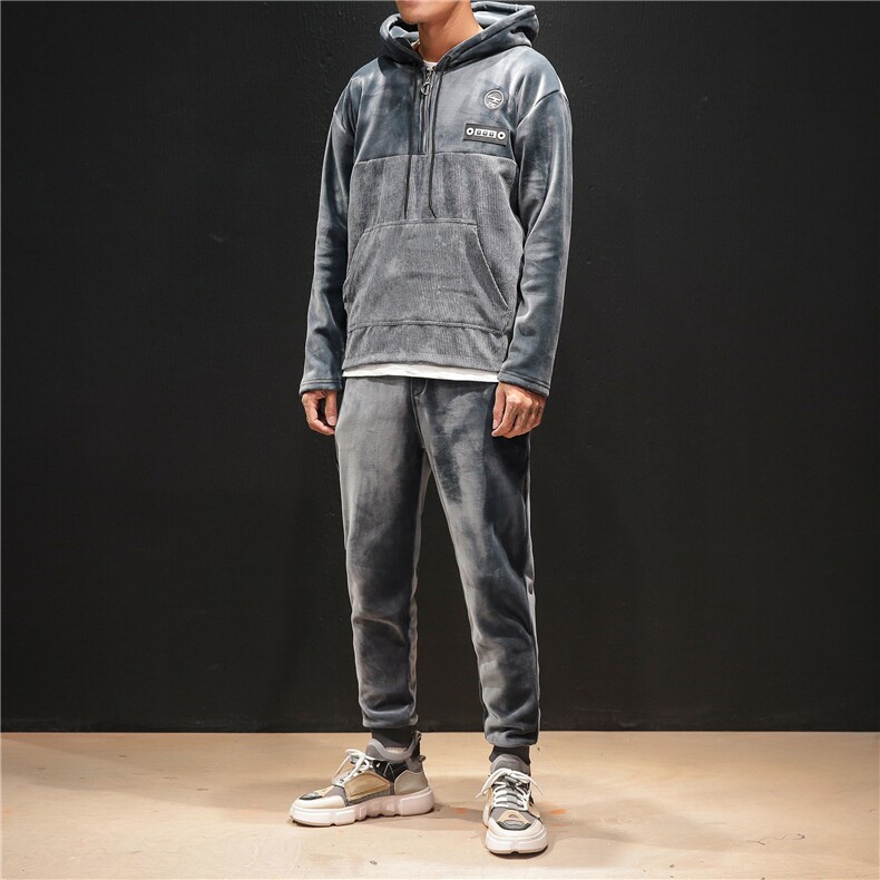 703-TZ172日系男士加绒冲锋卫衣套装金丝绒拼灯芯绒大码,男装休闲套装,星座703